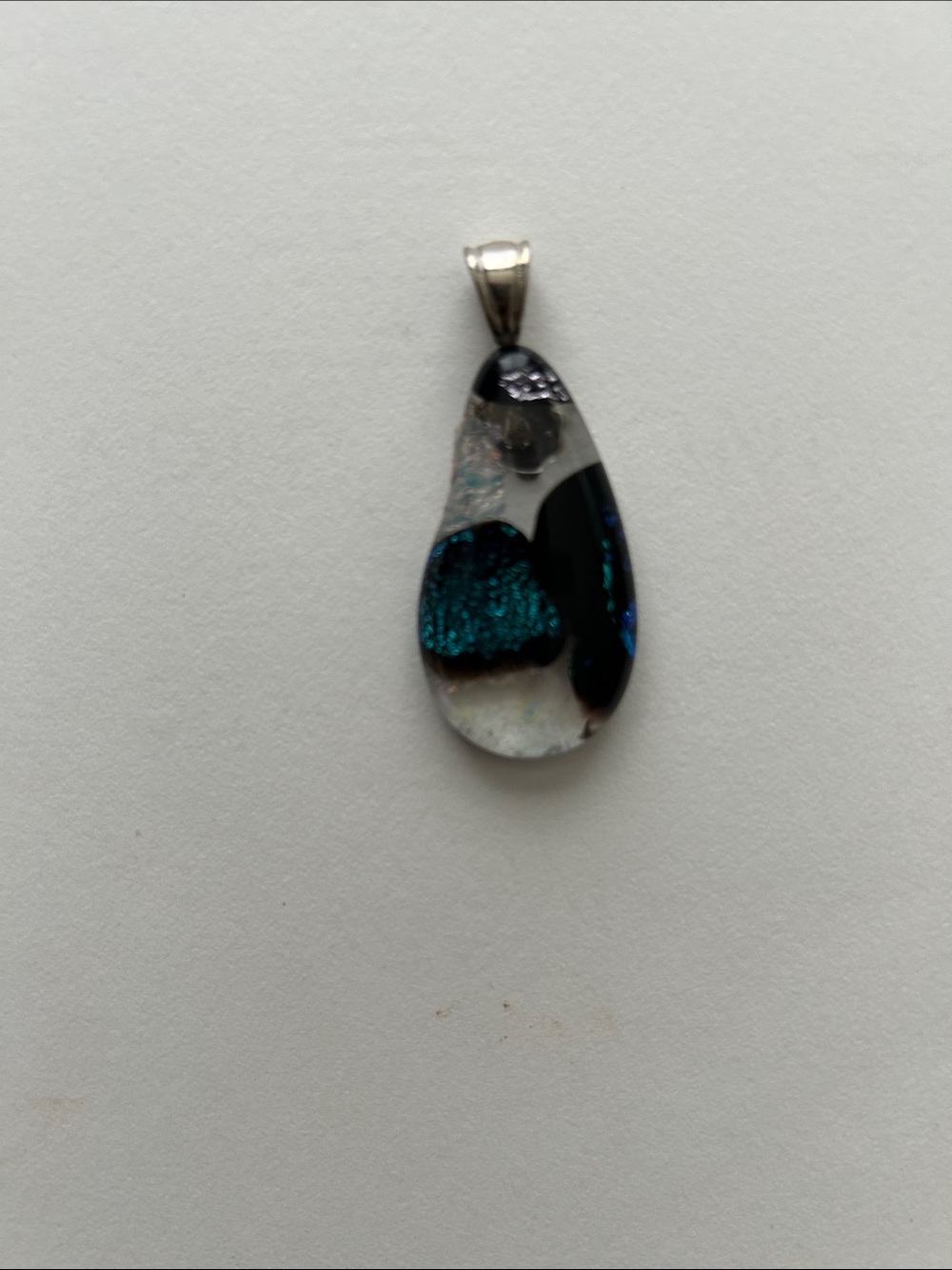 Handmade Teardrop Dichroic Glass Pendant in Teal and Black